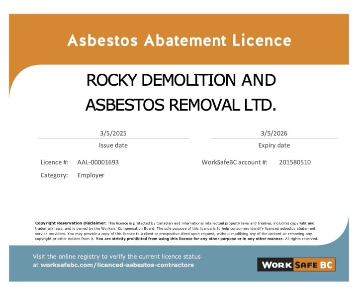 certificate - Rocky Demolition and Asbestos Removal.