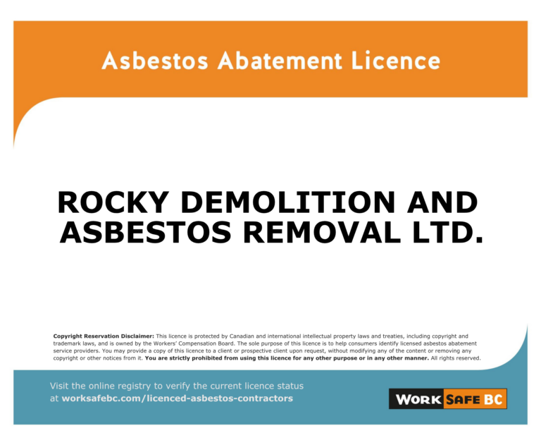 Asbestos Abatement Licence for Rocky Demolition and Asbestos Removal Ltd., issued by WorkSafeBC, showing issue date, expiry date, licence number, and employer category.